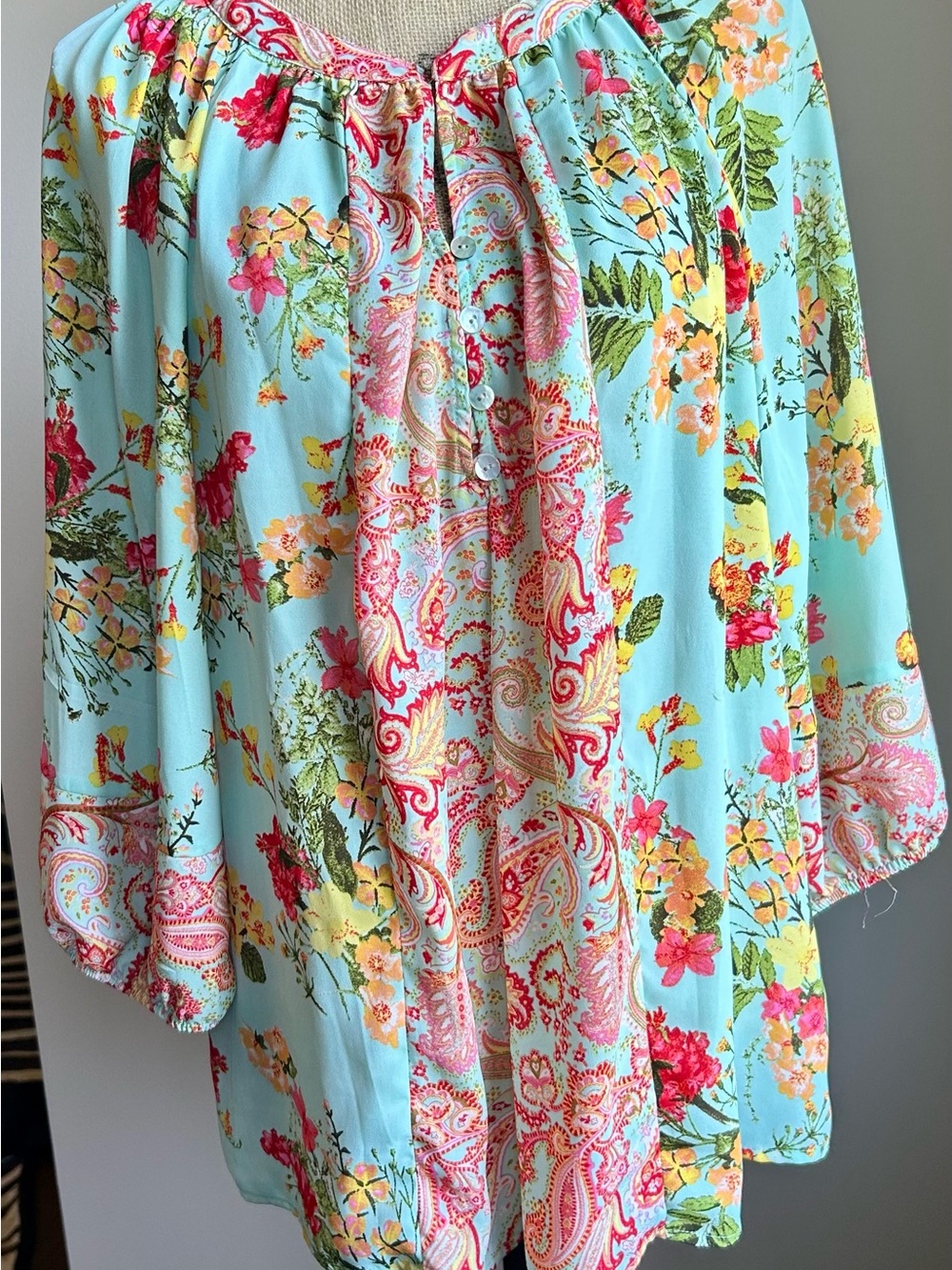Light Blue Floral Peasant Blouse with Pink Paisley Accents